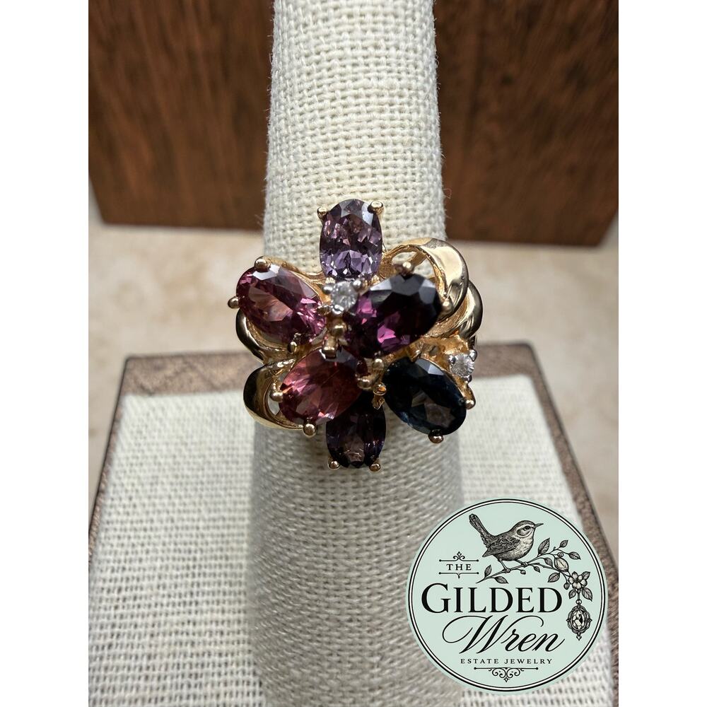 Vintage 14K Gold Multicolor Spinel Sapphire Cocktail Ring Mid Century Sz 6.75